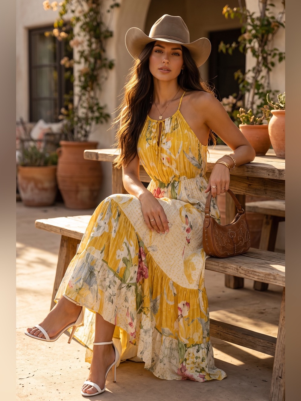 Anthropologies Yellow Floral Maxi Dress with Tie-Neck
